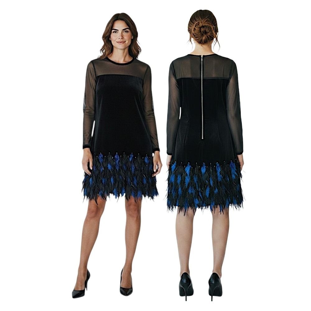 Tahari Velour Dress 12 Black Velvet Blue Feathers Mesh Long Sleeve Cocktail Mini